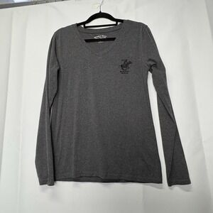 Beverly Hills Polo Club Long Sleeve V Neck Top Women's Gray Polo‎ Player Preppy